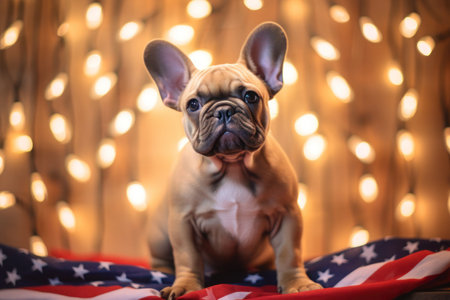 Cute french bulldog puppy sitting on the background of the American flag.の素材