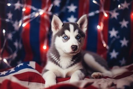 Cute siberian husky puppy on the background of the American flagの素材