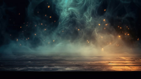 Wooden floor with smoke and light in dark room. Halloween abstract backgroundの素材