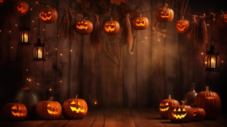 Pumpkin lanterns illuminate Halloween night on a rustic wooden backgroundの素材