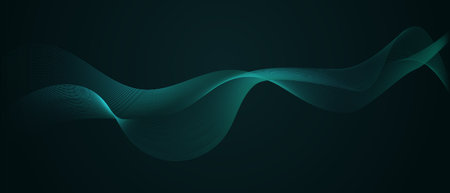 Dynamic Blue Gradient Wavy Lines on Black Background. Concept of Modern Technology and Communication banner. Vector illustration.のイラスト素材