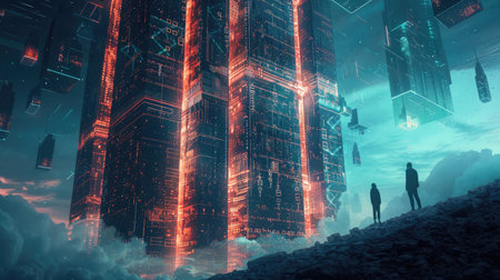 A glowing cyber fortress stands against digital threats, with code walls and patrolling guardians, embodying cyber security.の素材