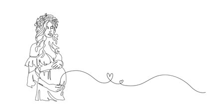 Continuous Line Art of Motherhood, Love pregnant, Happy Mother day card, one line drawing, parent and child silhouette hand drawn. Vector illustration.のイラスト素材