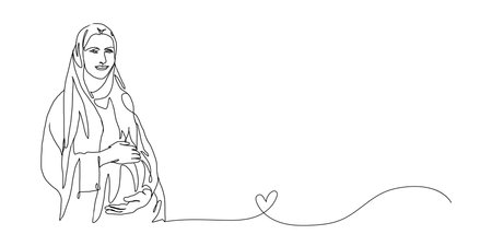 Continuous Line Art of Motherhood, Love pregnant, Happy Mother day card, one line drawing, parent and child silhouette hand drawn. Vector illustration.のイラスト素材