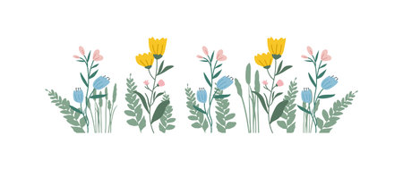Colorful vintage spring flowers border, nature floral pattern frame isolated on white background, botanical flat design vector illustration.のイラスト素材