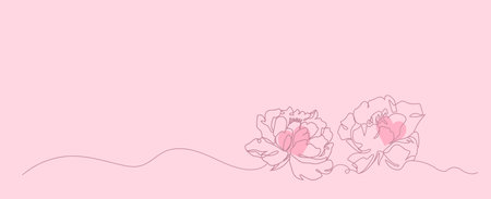 Peony continuous line art with heart on pink pastel background, minimalist botanical floral hand drawn, wedding, invitation love element vector illustration.のイラスト素材