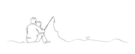 Continuous single drawn, one line dad and son fishing, parent love kid, line art illustration for fathers day decoration.のイラスト素材