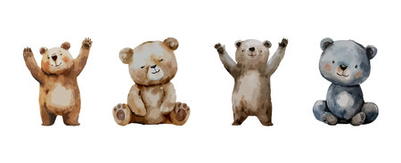set of cute teddy bear watercolor isolated on white background, adorable wildlife animal clipart vector illustration.のイラスト素材
