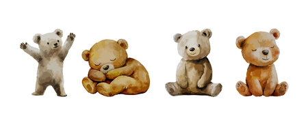 set of cute teddy bear watercolor isolated on white background, adorable wildlife animal clipart vector illustration.のイラスト素材