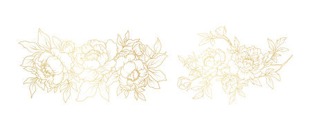 Golden peony flowers line art isolated on white background. Luxury floral design elements for invitation, wedding, wallpaper, print template, vector illustration.のイラスト素材
