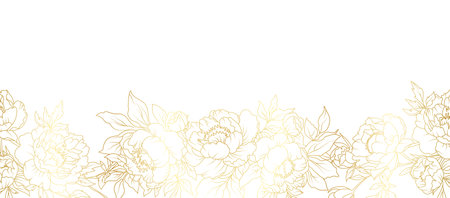 Peony flowers border gold frame. Luxury golden floral template, peonies vector gold line on white background, vector illustration.のイラスト素材