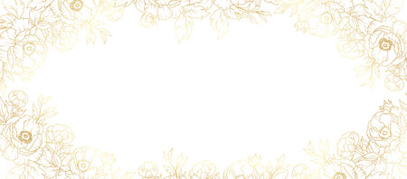 Peony flowers border gold frame. Luxury golden floral template, peonies vector gold line on white background, vector illustration.のイラスト素材