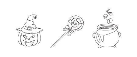 Pumpkin, candy, cauldron continuous one line drawing, single line art element, minimalist sketch line vector illustration, autum and thanksgiving concept.のイラスト素材