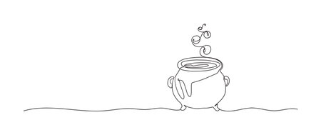 Witch cauldron continuous one line drawing, single line art element, minimalist sketch line vector illustration, halloween spooky concept.のイラスト素材