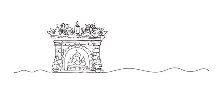 Fireplace and candle continuous one line drawing, single line art element, minimalist sketch line vector illustration, christmas winter new year concept.のイラスト素材