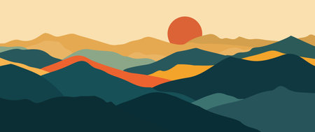 Abstract mountain landscape background, Nature wall decor, art print, minimalist panorama hill, adventure and travel view design. Vector illustration.のイラスト素材