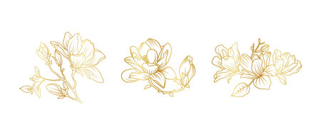 Luxury gold magnolia flowers background. Floral pattern tropical in line art style for greeting, invitation, wedding card, wall art, wallpaper and print. Vector illustration.のイラスト素材