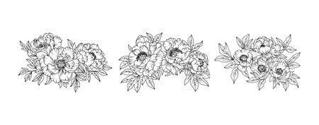Peony flower arrangement line art on white background. Silhouette peony botanical hand drawn element for wedding, invitation frame design, vector illustration.のイラスト素材
