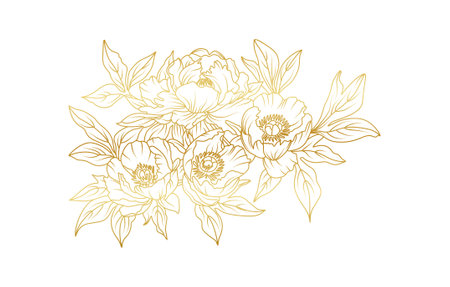 Golden peony flowers line art isolated on white background. Luxury peony floral design elements for invitation, wedding, wallpaper, print template, vector illustration.のイラスト素材