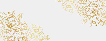 Luxury gold peony flowers background. Floral pattern tropical in line art style for greeting, invitation, wedding card, wall art, wallpaper and print. Vector illustration.のイラスト素材