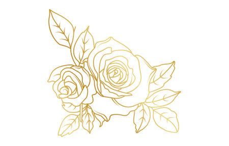Golden rose flowers line art isolated on white background. Luxury roses floral design elements for invitation, wedding, wallpaper, print template, vector illustration.のイラスト素材
