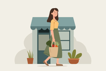 Woman carrying eco grocery bag with vegetables flat vector illustration for organic food shopping and sustainable lifestyle concept.のイラスト素材