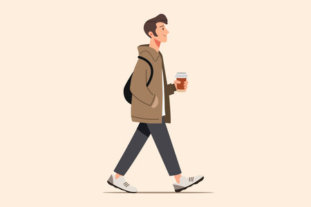 Man walking with coffee cup wearing casual outfit flat vector illustration for modern city lifestyle and daily routine concept.のイラスト素材
