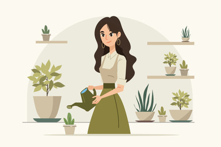 Woman watering houseplants in cozy room flat vector illustration for gardening lifestyle plant care and home decor concept.のイラスト素材