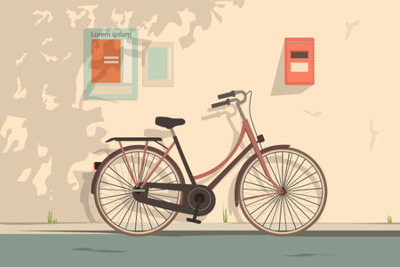 Vintage bicycle parked on street against warm urban wall flat vector illustration for slow lifestyle travel and retro city concept.のイラスト素材