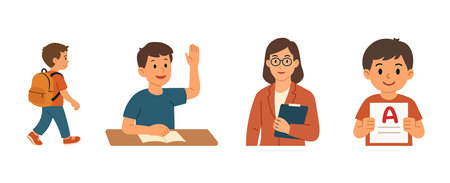 Back to school illustration with student walking to class raising hand receiving A grade and teacher character.のイラスト素材