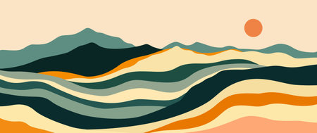 Abstract mountain landscape with flowing hills, warm sunset scene, minimalist nature background for modern wall art.のイラスト素材