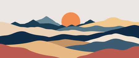 Minimalist nature background of an abstract mountain landscape, layered hills and warm tone sunset scene for wall art and design.のイラスト素材