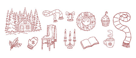 Winter cabin lifestyle collection, hand drawn forest cottage, christmas wreath, candle holder, scarf, cozy holiday home decor, vector.のイラスト素材
