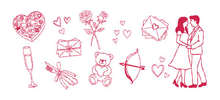 Romantic couple and Valentine's day gift set hand drawn doodle vector, heart chocolate box and teddy bear sketch illustration, love elements.のイラスト素材