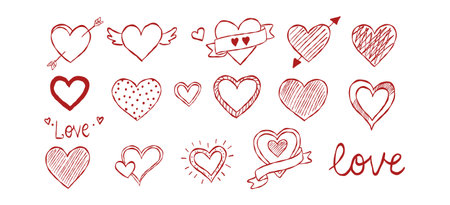 Decorative heart icons collection with wings and arrow hand drawn doodle vector, romantic valentine hearts with ribbon sketch illustration, love symbol set.のイラスト素材