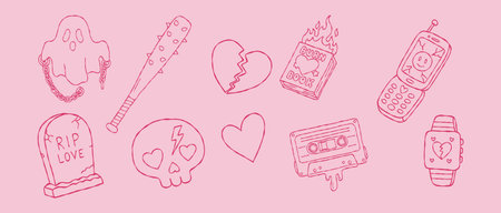 Y2K anti valentine hand drawn vector line art set with ghost burn book and rip love for boho aesthetic grunge wedding invitation wall art illustration.のイラスト素材