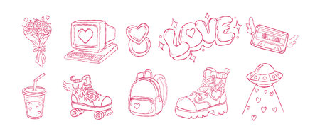 Cute Y2K valentine hand drawn vector line art set with retro computer roller skates and ufo for boho aesthetic grunge wall art illustration print design.のイラスト素材