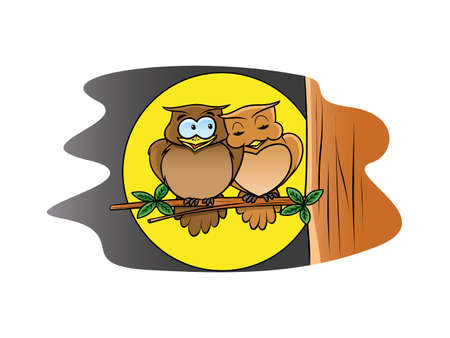 owl couple perch on wood branchのイラスト素材