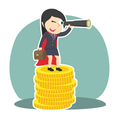 super businesswoman using binocular on top of coinsのイラスト素材