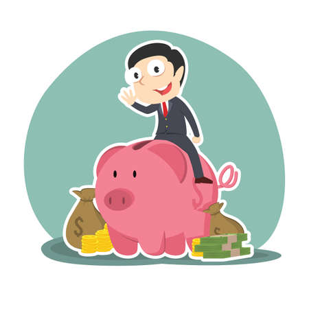 businessman on piggy bank with a lot of moneyのイラスト素材