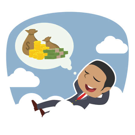 african businessman relaxing on clouds thinking about moneyのイラスト素材