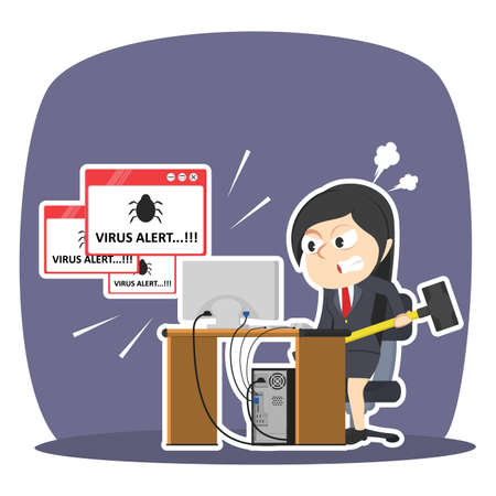 angry businesswoman want to break computer because virusのイラスト素材
