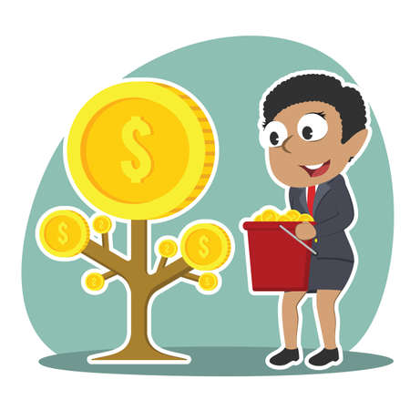 African businesswoman harvesting coin treeのイラスト素材