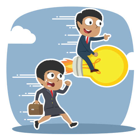 African businessman on bulb racing against african businesswoman illustration designのイラスト素材