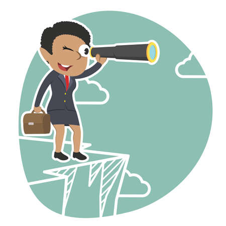African businesswoman looking through monocular on cliffのイラスト素材
