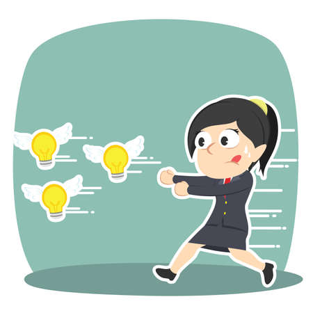 Businesswoman chasing flying ideasのイラスト素材
