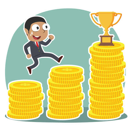 African businessman climbing coin stairs to trophy concept illustration.のイラスト素材