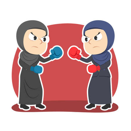 Businesswoman duel boxing in colored illustration.のイラスト素材