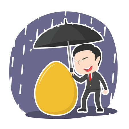 Asian businessman protecting his golden egg with umbrellaのイラスト素材