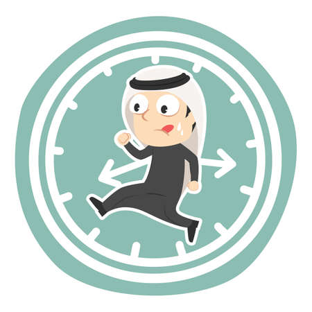 Arabian businessman running inside clock illustration.のイラスト素材